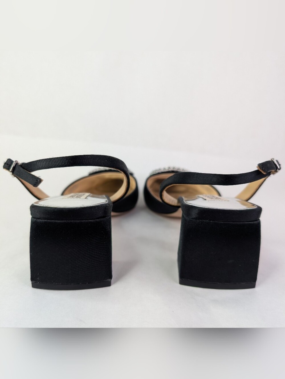 Badgley Mischka Black Satin Pointed Slingback Square Heels Crystal Buckle 7.5 - Picture 8 of 9